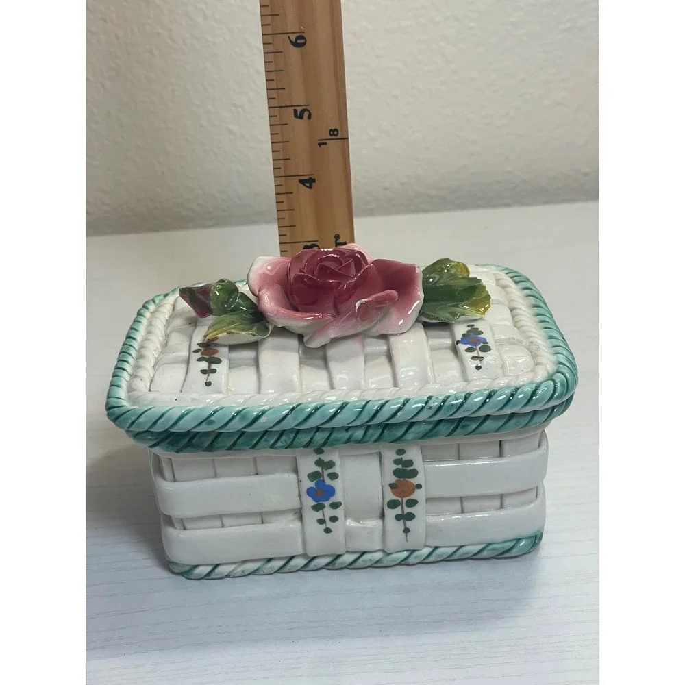 Vintage Italy Ceramic Rose Basket‎ Trinket Box Hand Painted Cottagecore Decor